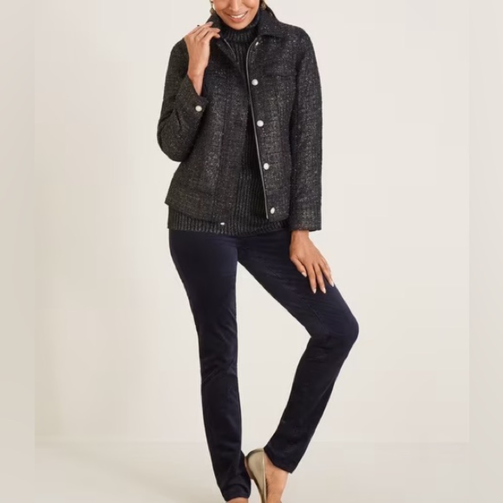 NWT Chico’s Foil Blue and Gold Tweed Jacket Size M Parisian Chic Modern Classic